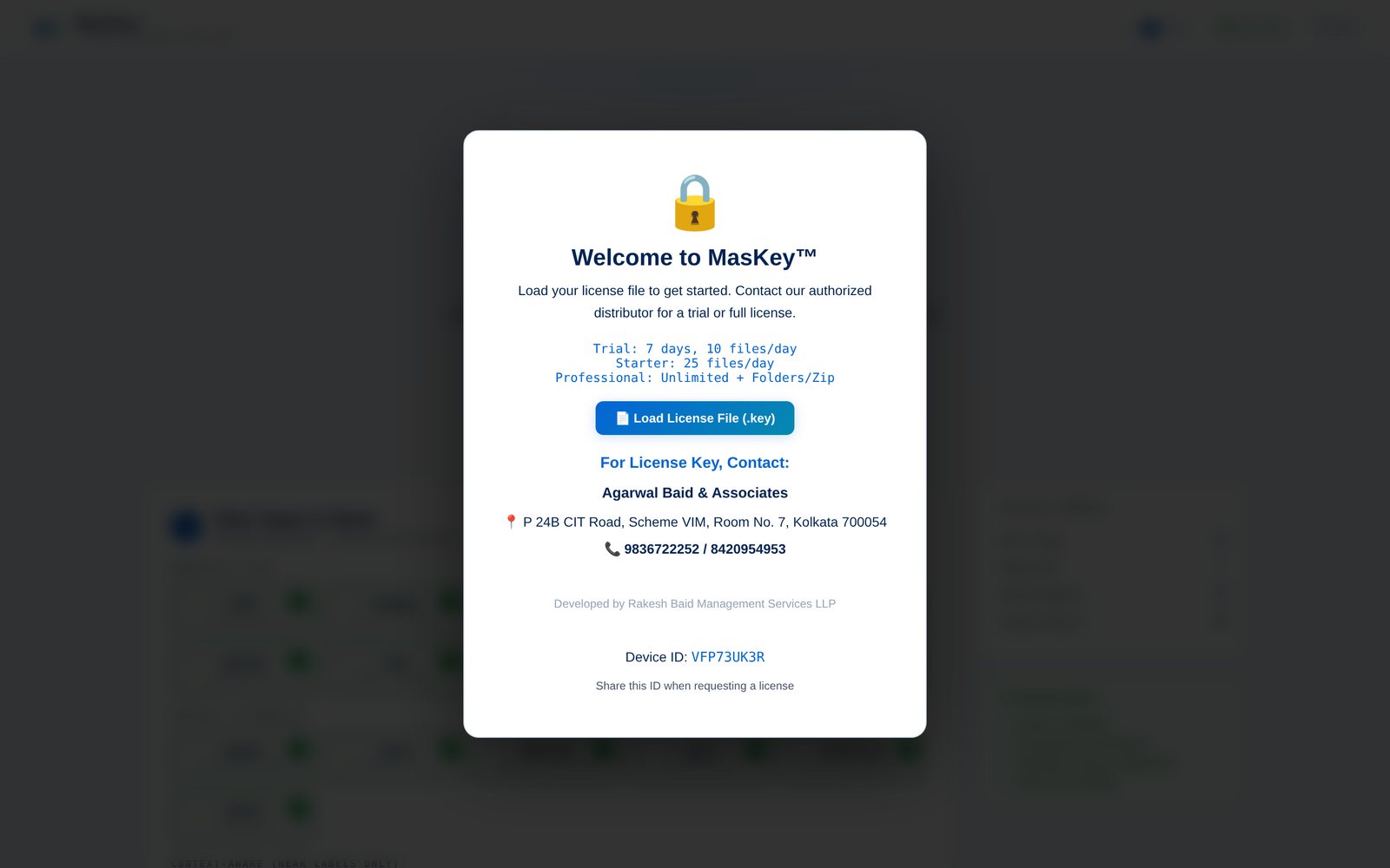 MasKey license activation welcome screen with distributor contact and device ID
