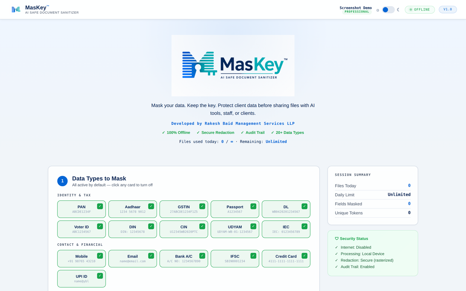 MasKey Step 1: choose which of the 20+ Indian identifier types to mask
