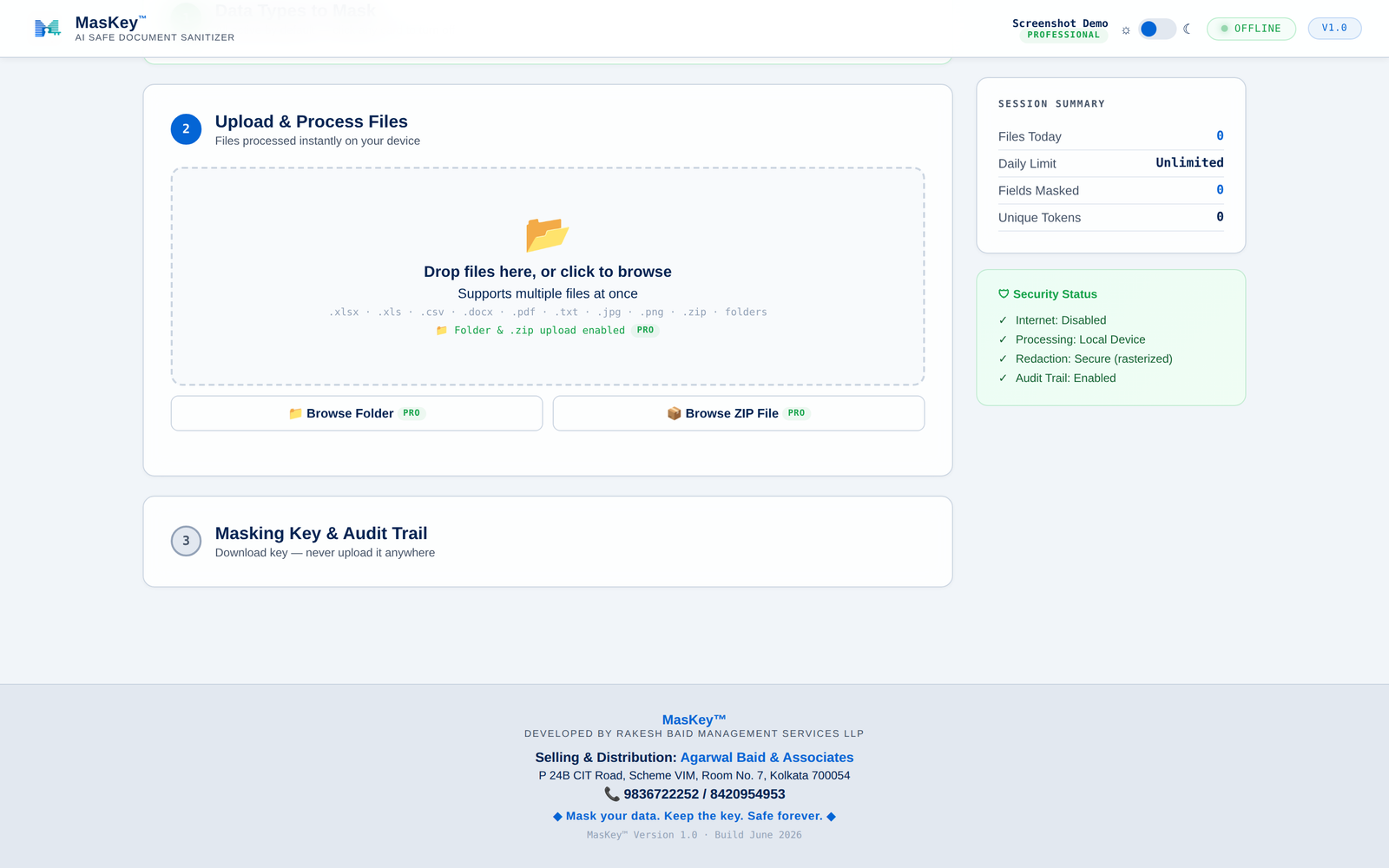 MasKey Step 2: drag-and-drop upload interface for Excel, Word, PDF, CSV, ZIP