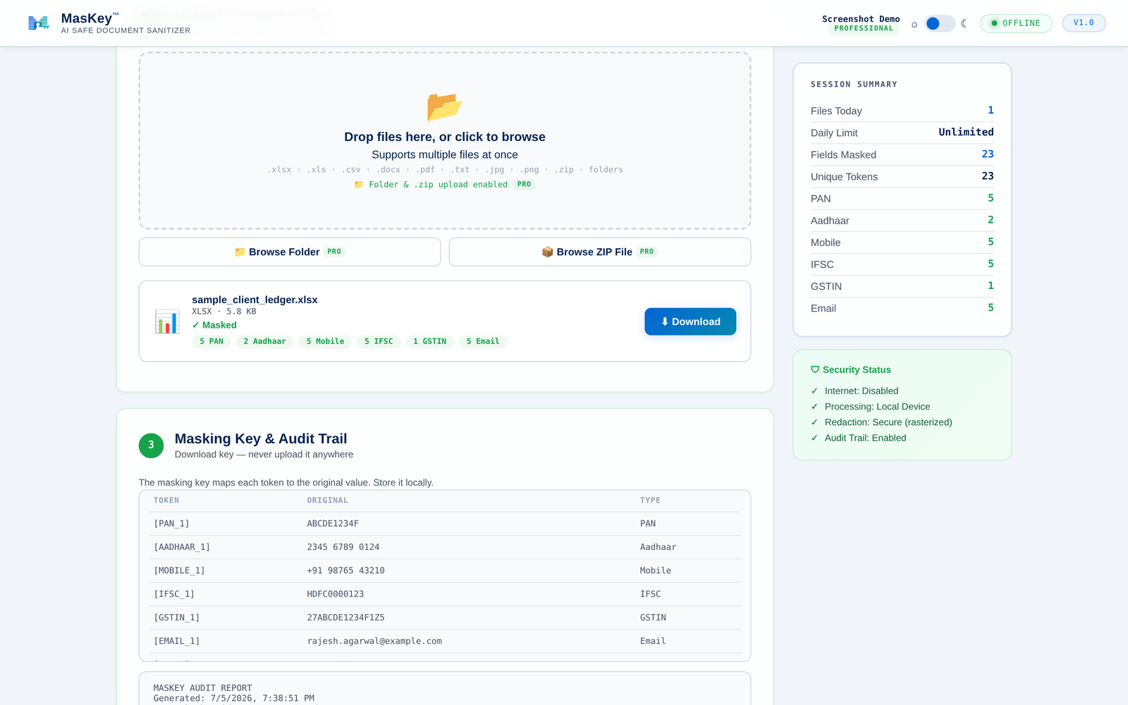 MasKey after processing a file — tokens replace original identifiers, summary counters populate