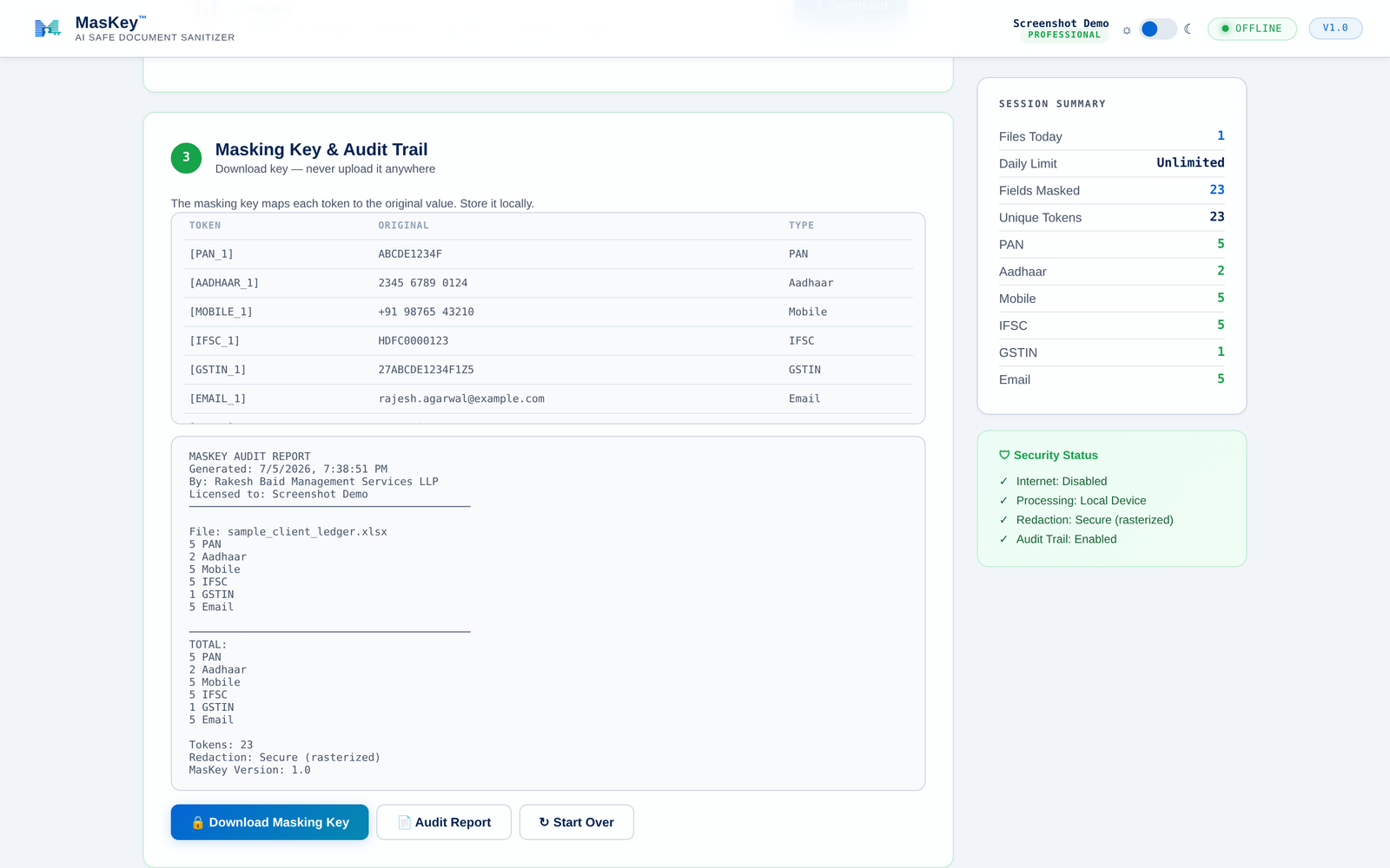 MasKey Step 3: downloadable masking key table and audit report