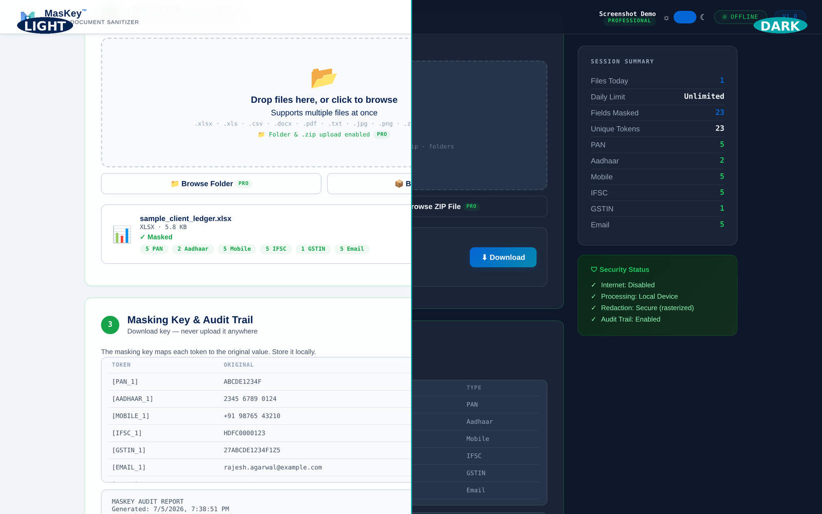 MasKey light and dark theme modes, side-by-side comparison